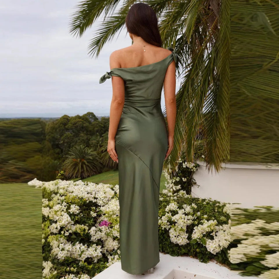Elegant Off-Shoulder Bow Satin Maxi Dress for Women Backless Slim Solid Casual  Long Dresses Female Evening Party Wedding Club R